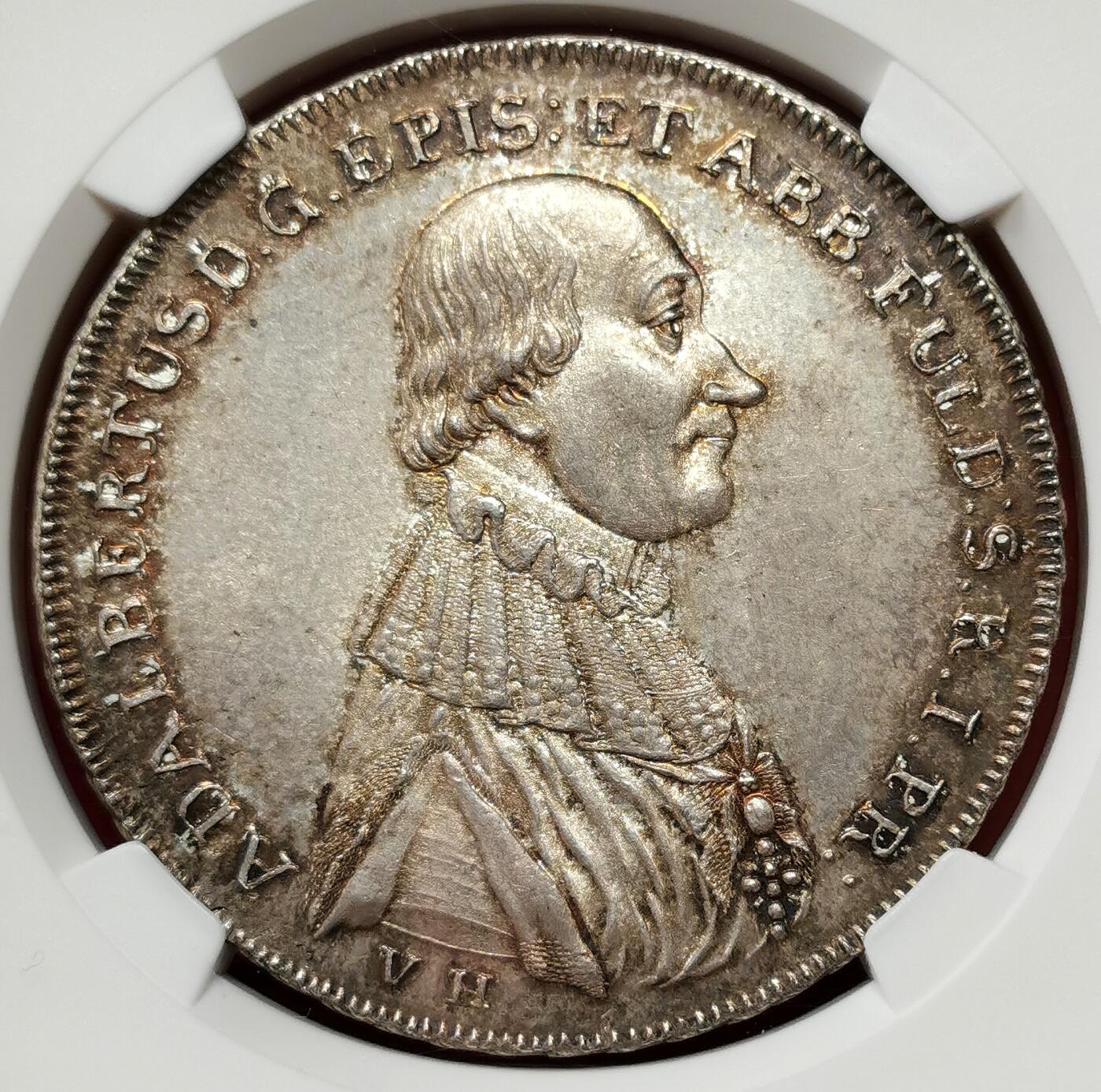 凡希社世界钱币微拍第二百七十五期 荐！1796德国富尔达主教区阿德尔伯特三世捐献泰勒NGC-MS63，典雅欧陆铁灰包浆，稀见两年型，N亚军分！