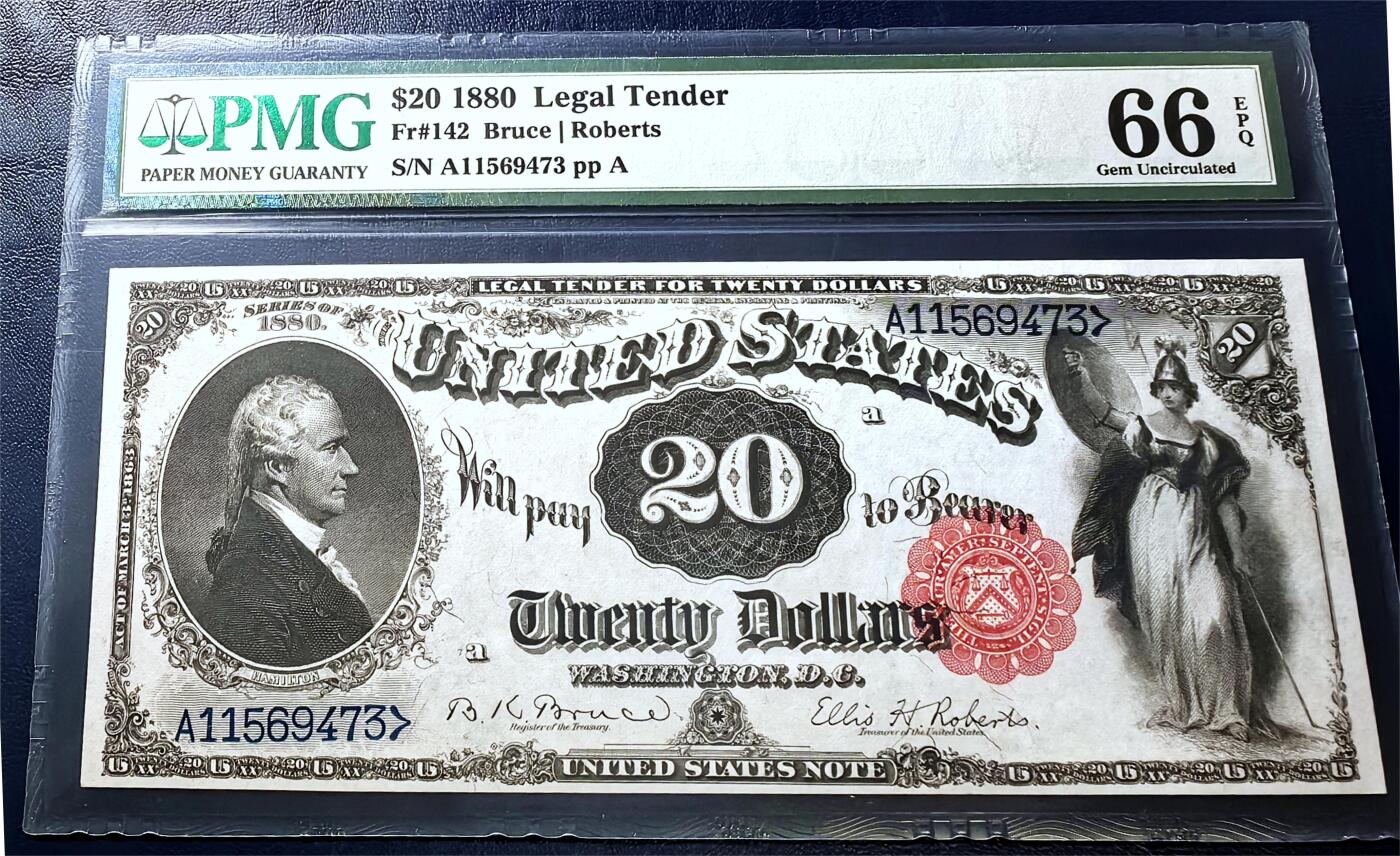 【Blue Auction】✨世界纸币精拍第500期盛典——白金之夜🔥🔥🔥   U-美国 1880年20美金 PMG66EPQ 高分少见 左侧为美国著名政治家汉密尔顿 在1861年至1865年的南北战争时期担任邦联“总统”右侧手持长矛和盾牌的战争女神雕刻的惟妙惟肖 