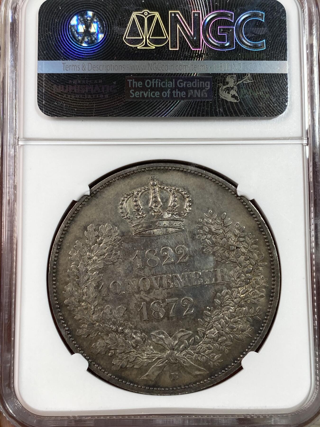 万国钱币拍卖第028期（花前月下●同享良章美币） NGC MS63 1872年德国萨克森金婚2泰勒 帝国最后的2泰勒 原味状态与酱彩包浆相辅相成