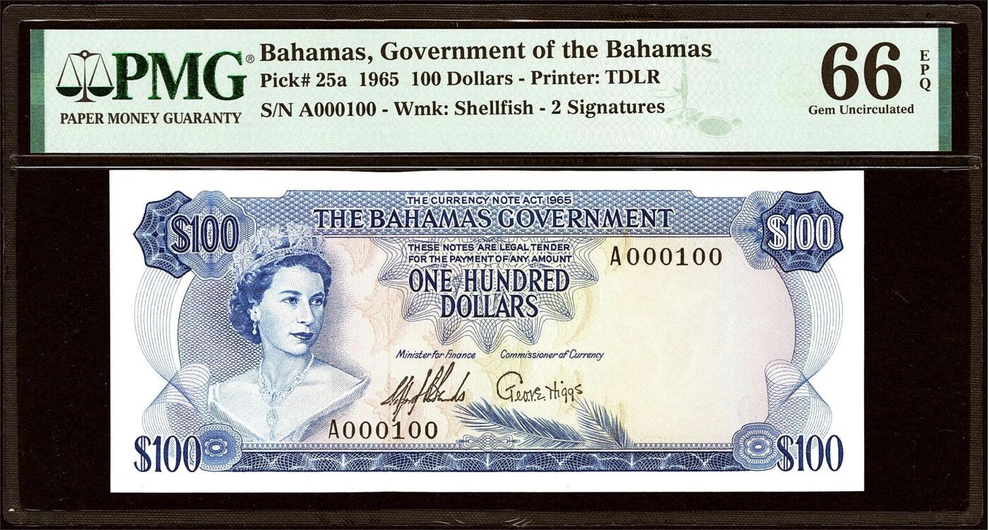 【Blue Auction】✨世界纸币精拍第500期盛典——白金之夜🔥🔥🔥 B-【初版A冠100小号 二进制号】巴哈马 1965年100元 PMG66EPQ 在这套之前发行的百慕大政府纸币以先令和英镑为主，最高面额为5镑，在1965年十进制改革时，大约相当于15元。这是该国第一套十进制的纸币，远远超过之前任何一套纸币的票面价值。经典的大马哈鱼，因为其极高的价值和极小的印量，保存下来屈指可数。这是女王最具标志性的钞票之一。
