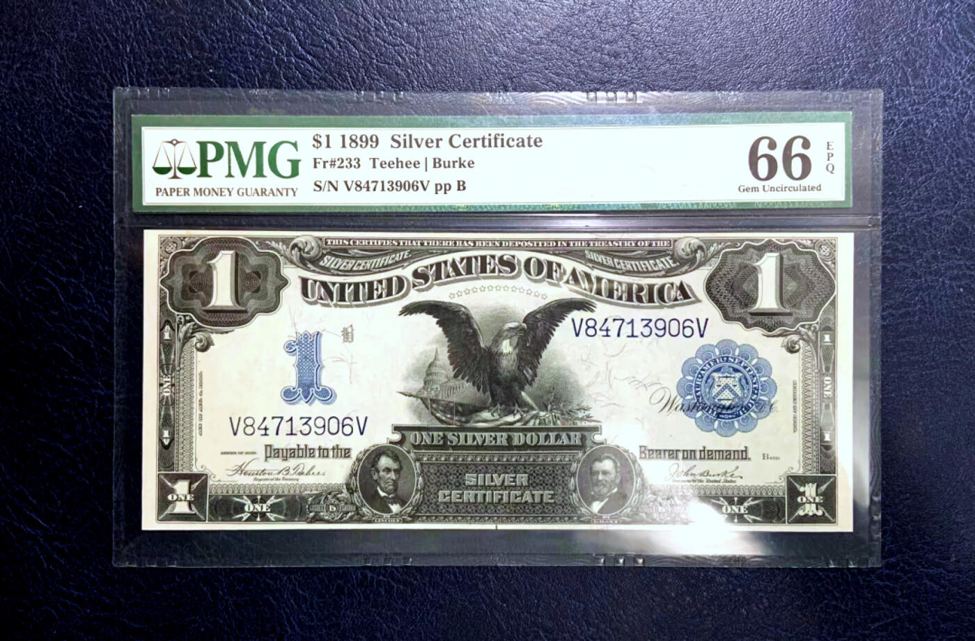 【Blue Auction】✨世界纸币精拍第500期盛典——白金之夜🔥🔥🔥  U-美国 1899年1美金 银币券 经典大黑鹰 上涨品种 林肯和格兰特将军肖像 PMG66EPQ 高分 老壳
