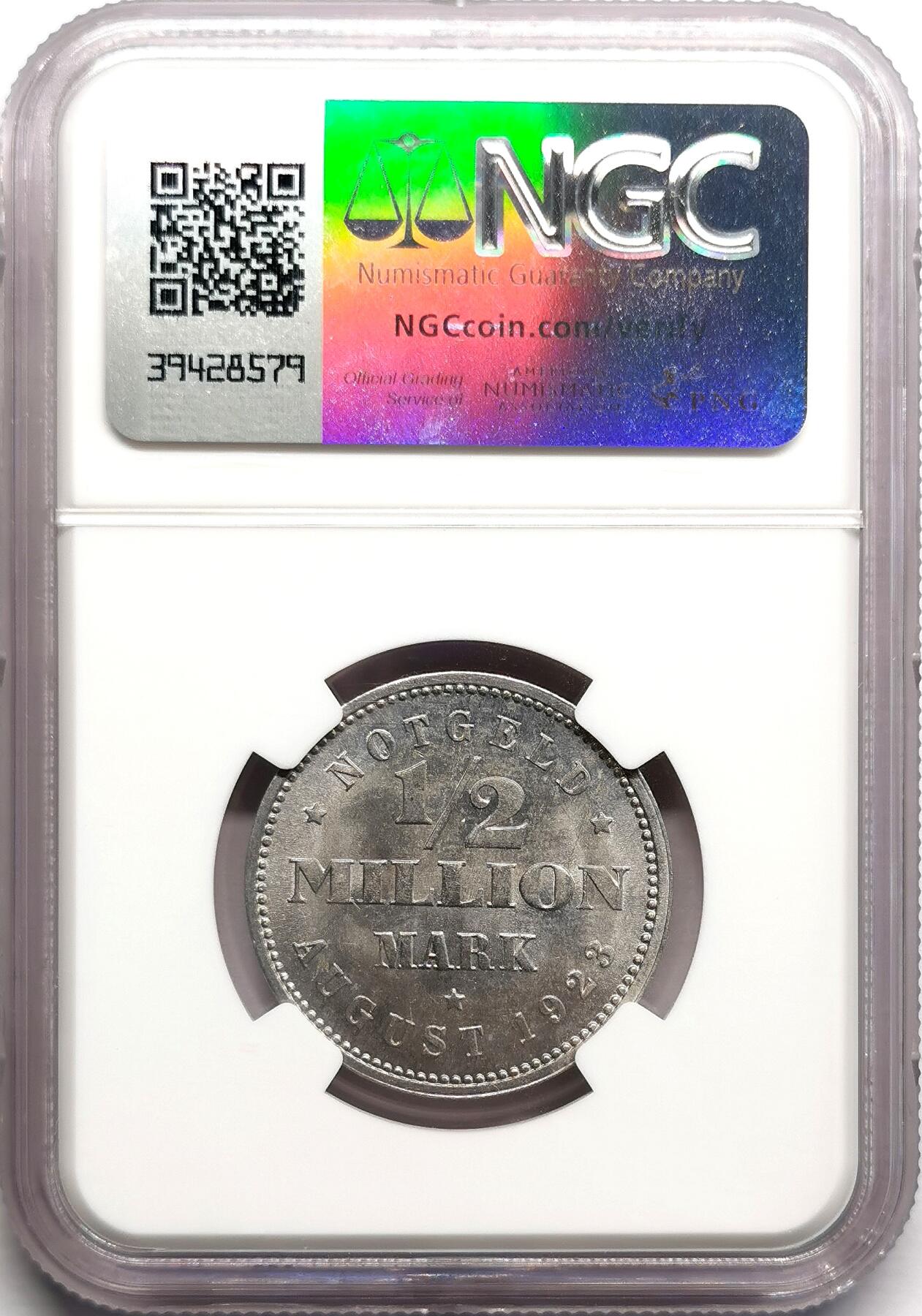 凡希社世界钱币微拍第二百七十五期 1923J德紧汉堡1/2MM马克NGC-MS64