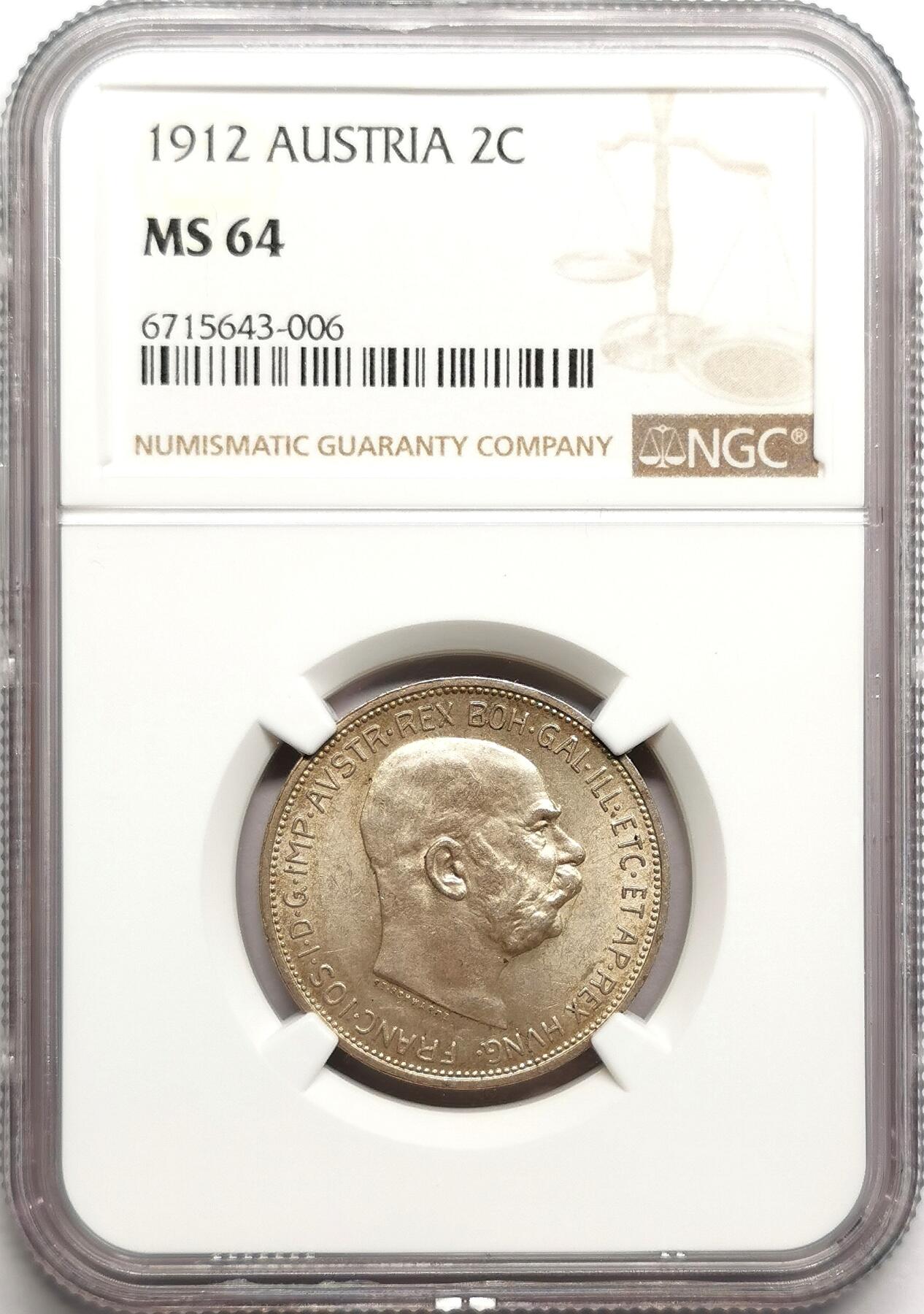 凡希社世界钱币微拍第二百七十五期 1912奥地利2科罗纳银币NGC-MS64