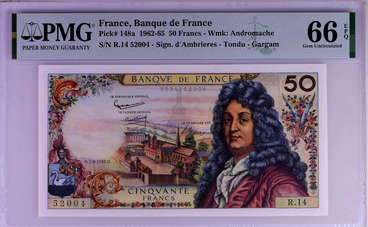 【Blue Auction】✨世界纸币精拍第500期盛典——白金之夜🔥🔥🔥 F-【a版首年】法国 1962年50法郎 拉辛 PMG66EPQ 