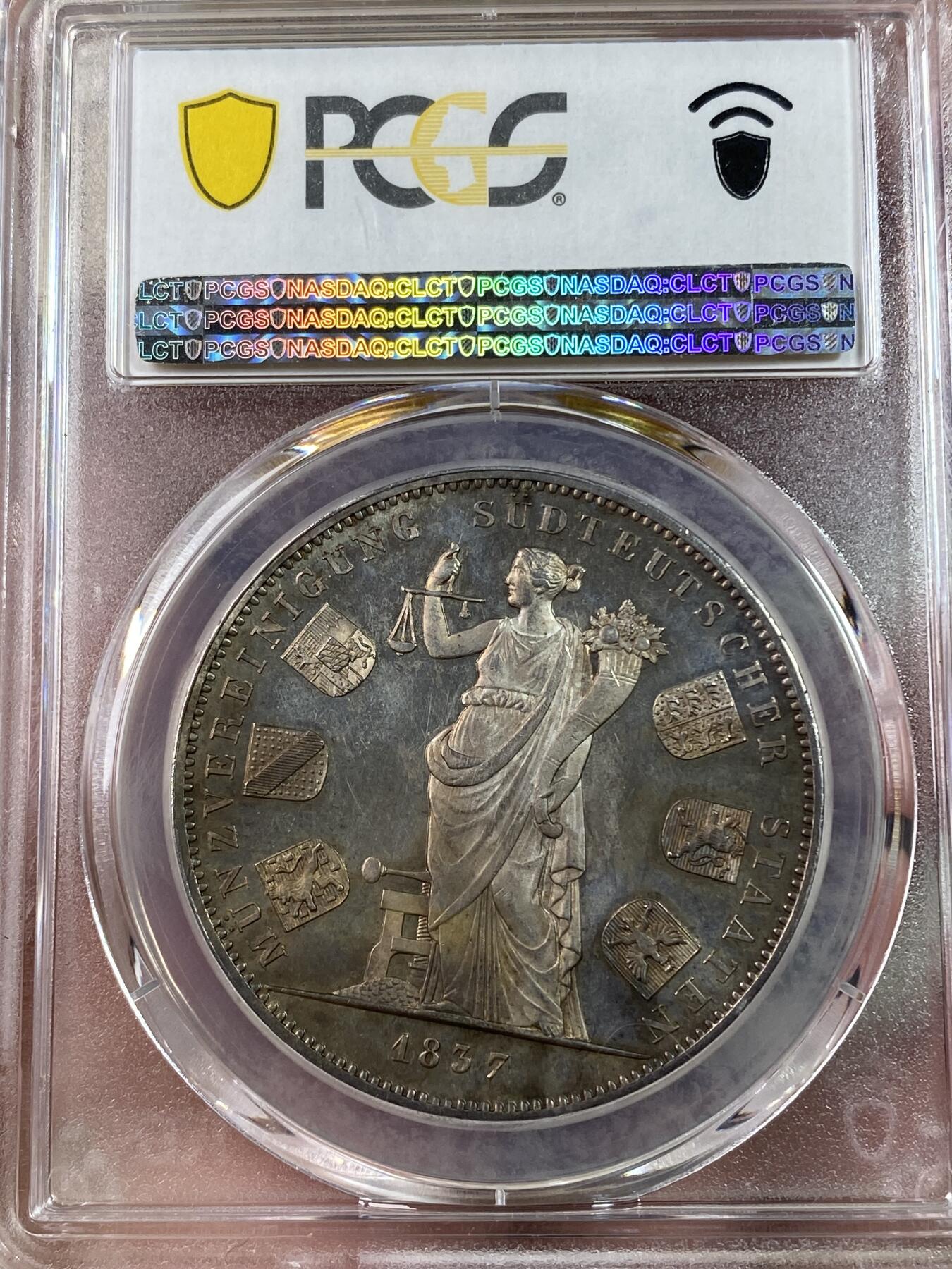万国钱币拍卖第028期（花前月下●同享良章美币） PCGS MS63 1837年德国巴伐利亚路德维希一世货币联盟2泰勒 南德意志六个邦国的货币联盟 镜面金红彩 
