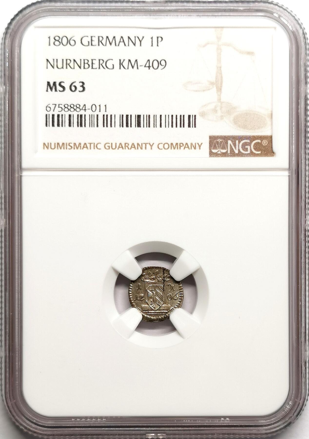 凡希社世界钱币微拍第二百七十五期 1806德国纽伦堡1芬尼单面低银辅币NGC-MS63