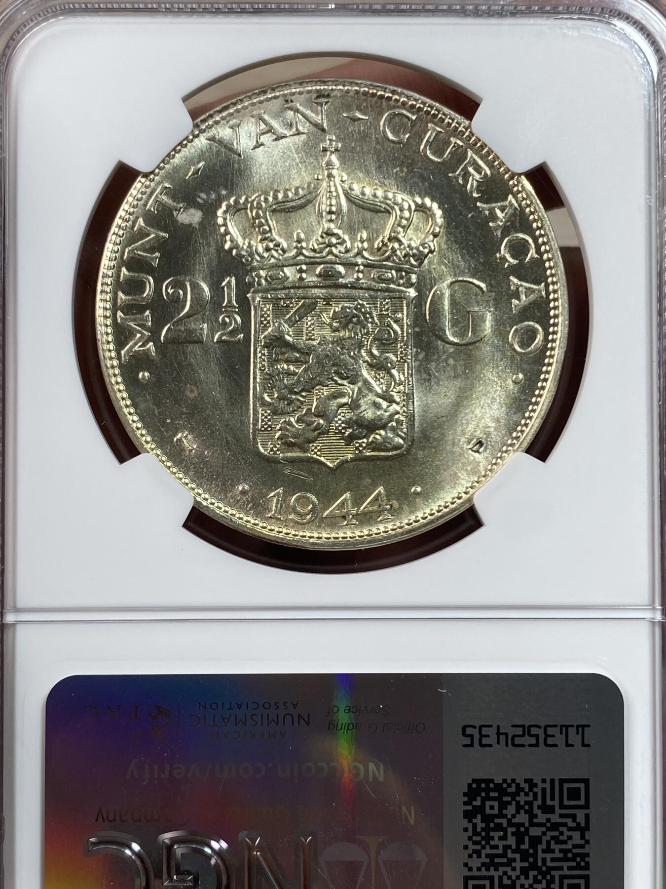 万国钱币拍卖第028期（花前月下●同享良章美币） NGC MS63 1944年荷属安德烈斯群岛库拉索2.5盾大银币 中年威廉敏娜女王