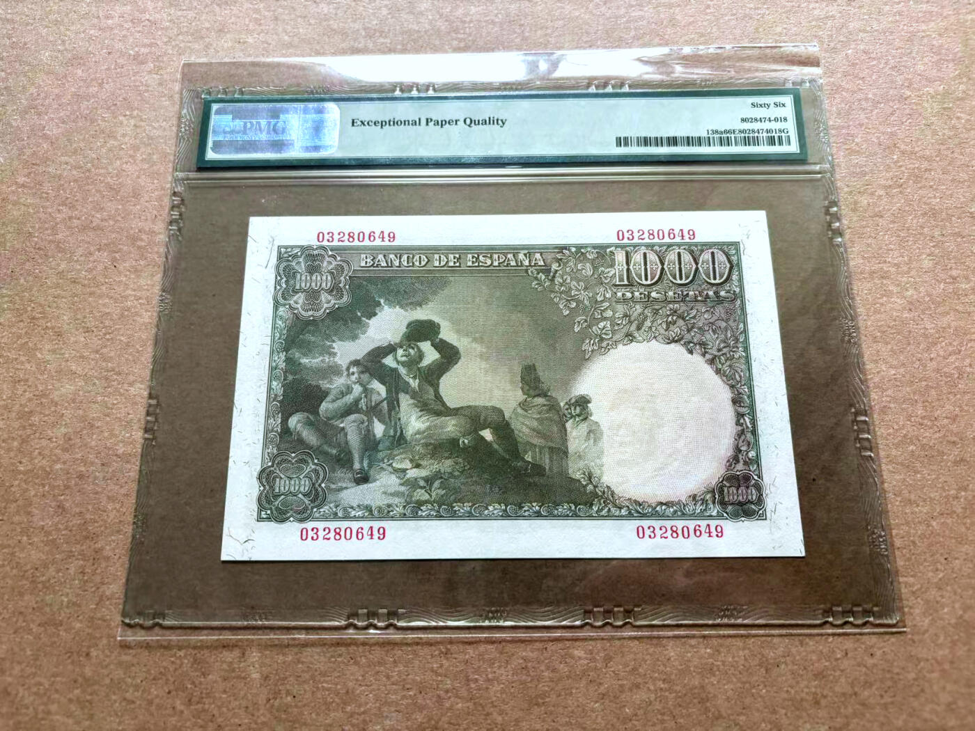 【Blue Auction】✨世界纸币精拍第500期盛典——白金之夜🔥🔥🔥  S-【冠军分】西班牙 1949年1000比塞塔 PMG66EPQ 高分少见 经典名画《饮酒者》