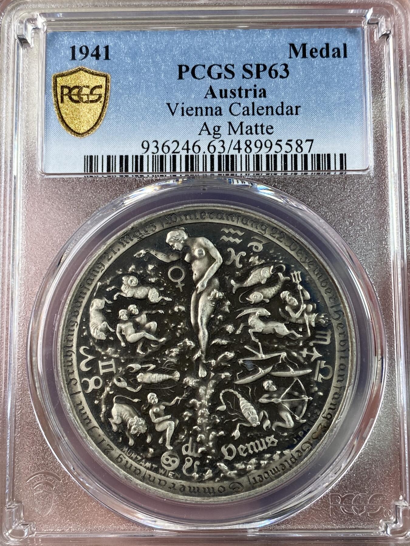 万国钱币拍卖第028期（花前月下●同享良章美币） PCGS SP63 唯一记录1941年德国维也纳日历大银章，元首生日特别款 ！正面是爱神维纳斯，反面最底下两行为元首生日！！