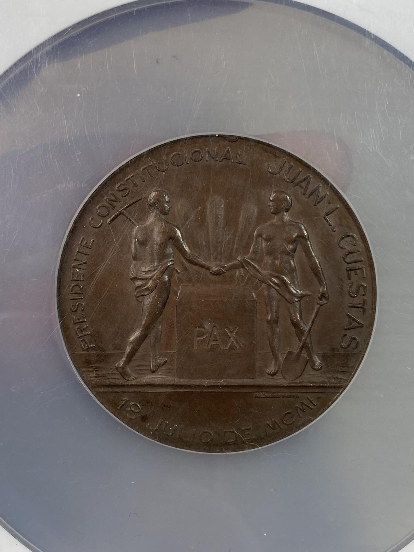 万国钱币拍卖第028期（花前月下●同享良章美币） NGC MS62 1901年德国远航乌拉圭蒙特维的亚港口纪念大铜章  52MM