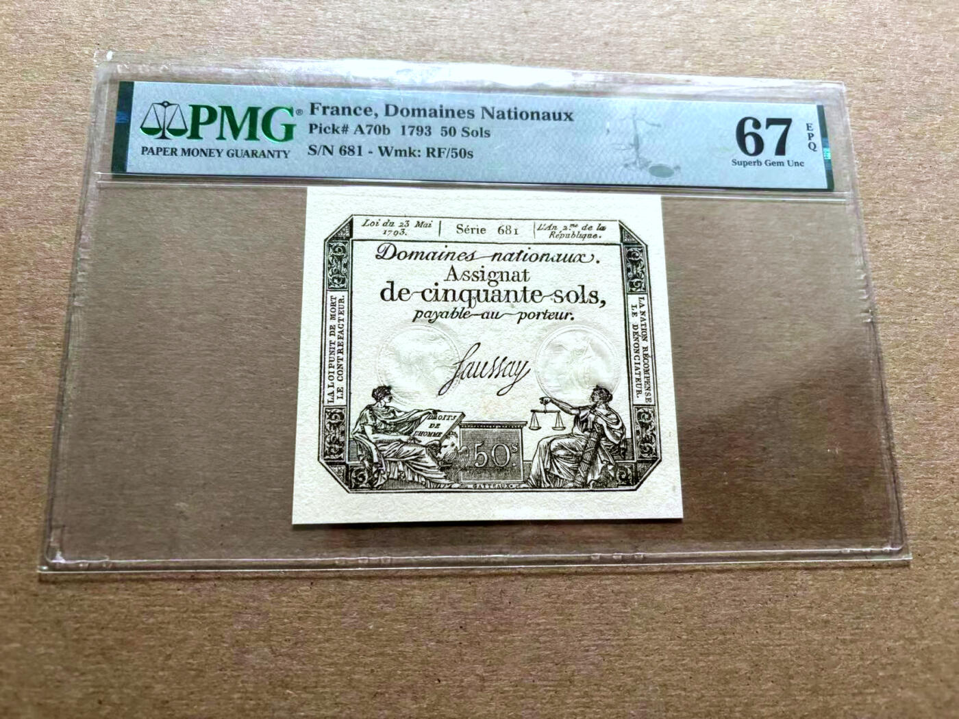 【Blue Auction】✨世界纸币精拍第500期盛典——白金之夜🔥🔥🔥 F-【681倒置号】法国 早期 1793年50索尔 PMG67EPQ 高分较少见 带钢戳防伪 