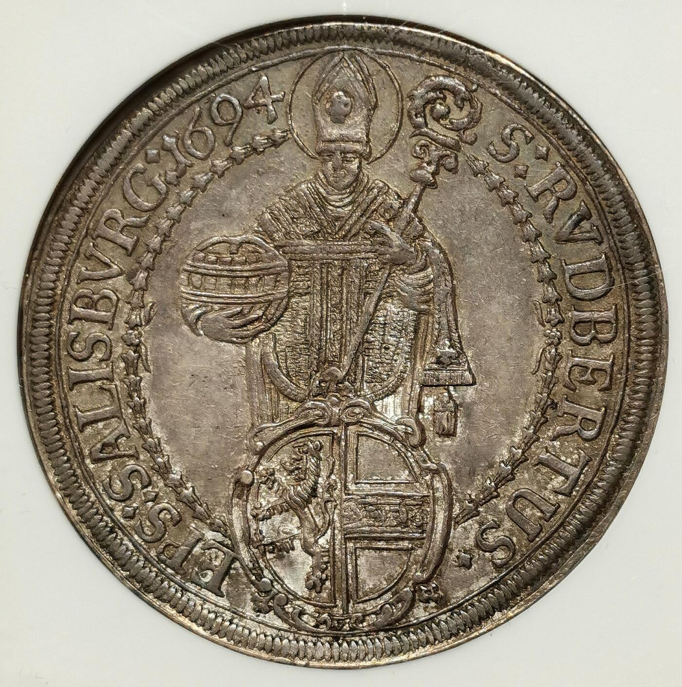 凡希社世界钱币微拍第二百七十五期 荐！1694萨尔茨堡约翰恩斯特主教泰勒NGC-MS62，传世灰彩，实物极赞的一枚！