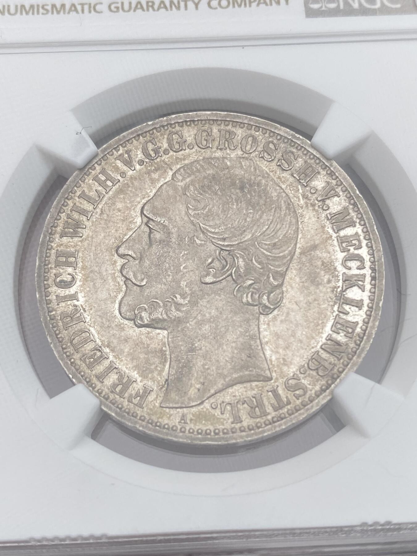 万国钱币拍卖第028期（花前月下●同享良章美币） NGC MS61 1870年德国梅克伦堡-施特雷利茨流通1泰勒 小邦中的小难题之一 原味高点表现不俗