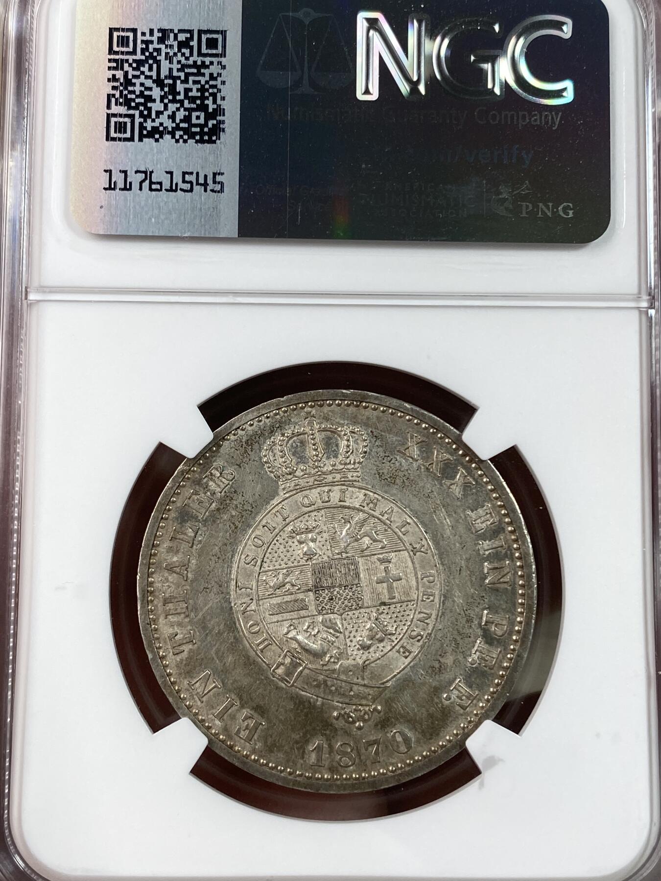 万国钱币拍卖第028期（花前月下●同享良章美币） NGC MS61 1870年德国梅克伦堡-施特雷利茨流通1泰勒 小邦中的小难题之一 原味高点表现不俗