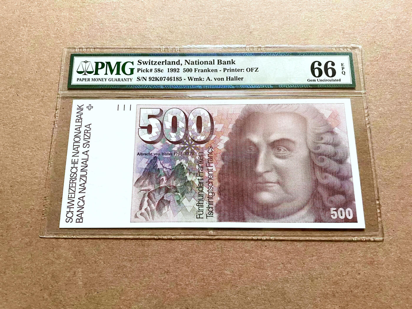 【Blue Auction】✨世界纸币精拍第500期盛典——白金之夜🔥🔥🔥  S-瑞士 1992年500法郎 PMG66EPQ 阿尔布雷希特·冯·哈勒 经典大胖子 西欧玩家必备品种