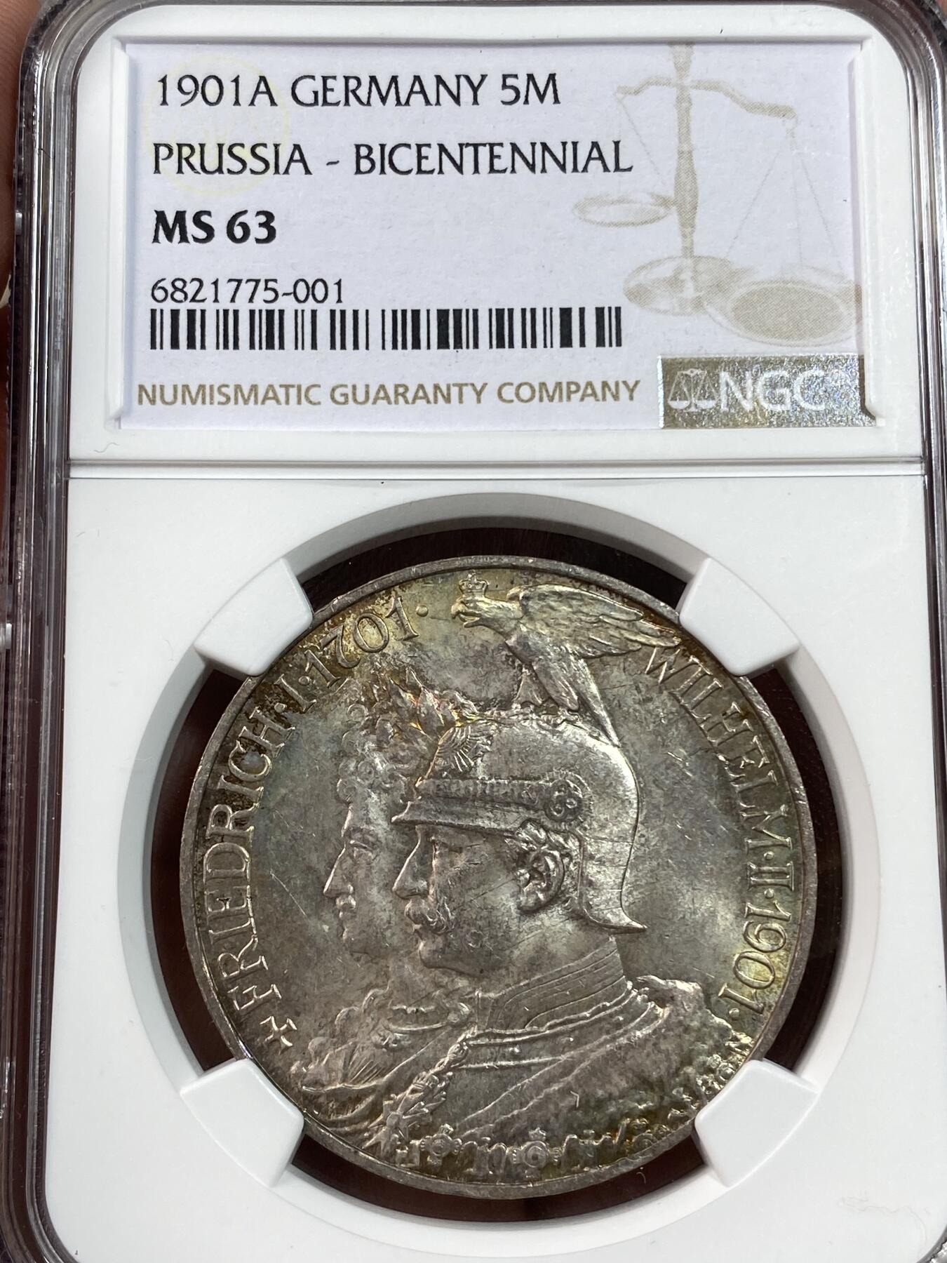 万国钱币拍卖第028期（花前月下●同享良章美币） NGC MS63 1901年德国威廉二世纪念普鲁士建国200周年流通5马克 帝国马克最广为流通的系列之一 炫彩包浆