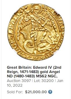 【Blue Auction】✨世界纸币精拍第500期盛典——白金之夜🔥🔥🔥 G-【仅5个记录】英格兰 1471-72年（该类金币创始年份意义重大）约克王朝首位国王爱德华四世 Angel天使金币 黄金纯度达99%以上 NGC MS61 正面是身强力壮的大天使米迦勒用长长的十字架手杖（纹章五翼）刺杀恶龙（撒旦）的经典图案；背面是皇家盾徽和十字架组成一艘船的图案，上面带有玫瑰花和专属印记。画面细节如此完整，黄金灿灿，让人心醉，英系高端玩家不可错过的一枚。