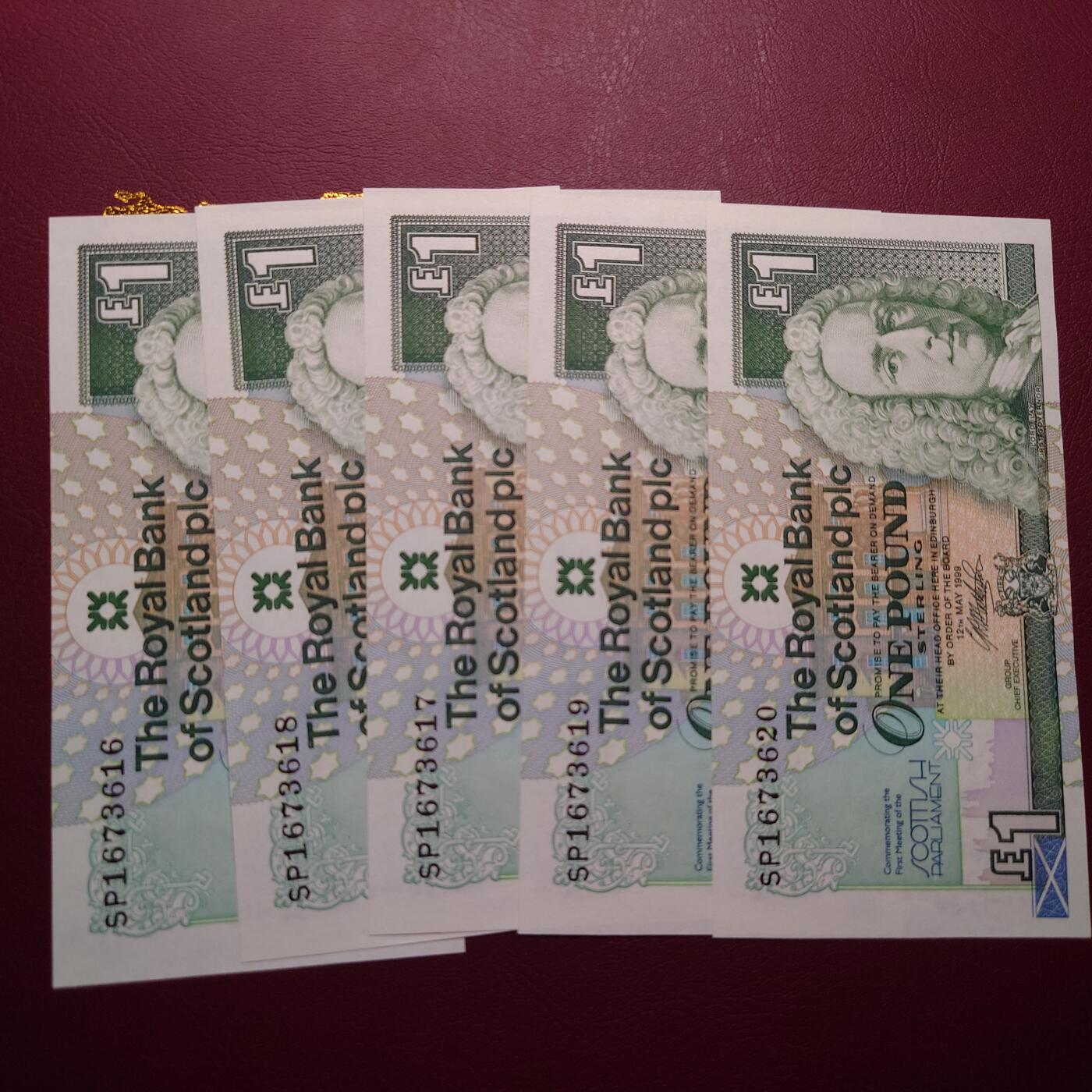 【世界钱币】精选微拍第116期暨2024年第27期  部分硬货0元起拍 还有新品1996首年瑞士人像1000等 1999年苏格兰1镑 纪念钞 如图五张为一件一起拍 全新绝品