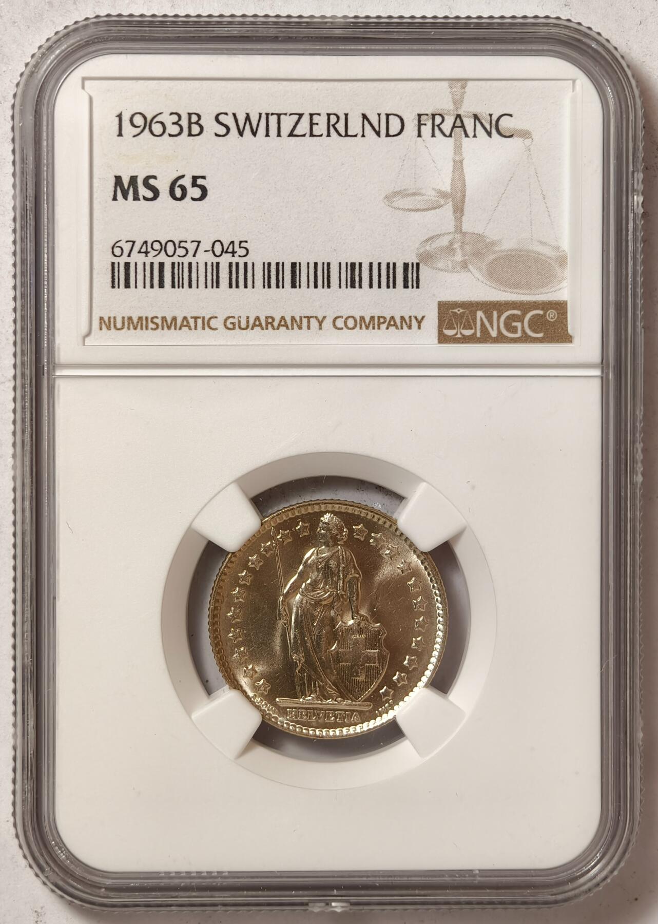 紫瑗钱币——第374期拍卖 瑞士 1963年 B版 赫尔维蒂亚 1法郎 银币 NGC MS65