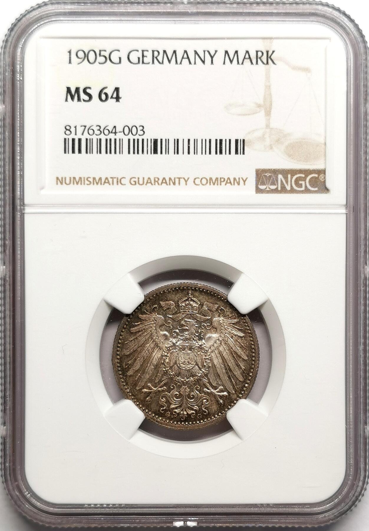 凡希社世界钱币微拍第二百七十五期 1905G德国银马克美包浆NGC-MS64