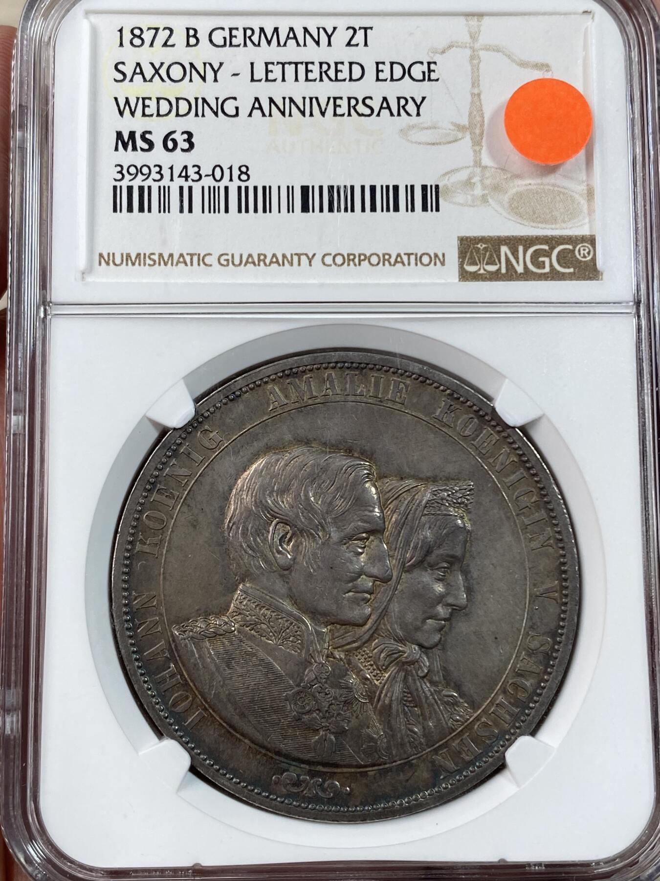 万国钱币拍卖第028期（花前月下●同享良章美币） NGC MS63 1872年德国萨克森金婚2泰勒 帝国最后的2泰勒 原味状态与酱彩包浆相辅相成