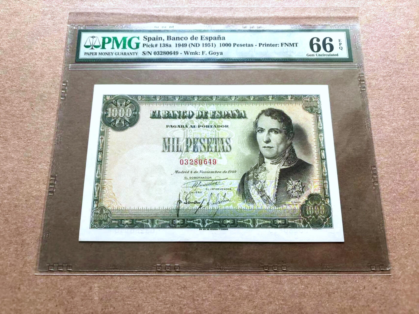 【Blue Auction】✨世界纸币精拍第500期盛典——白金之夜🔥🔥🔥  S-【冠军分】西班牙 1949年1000比塞塔 PMG66EPQ 高分少见 经典名画《饮酒者》