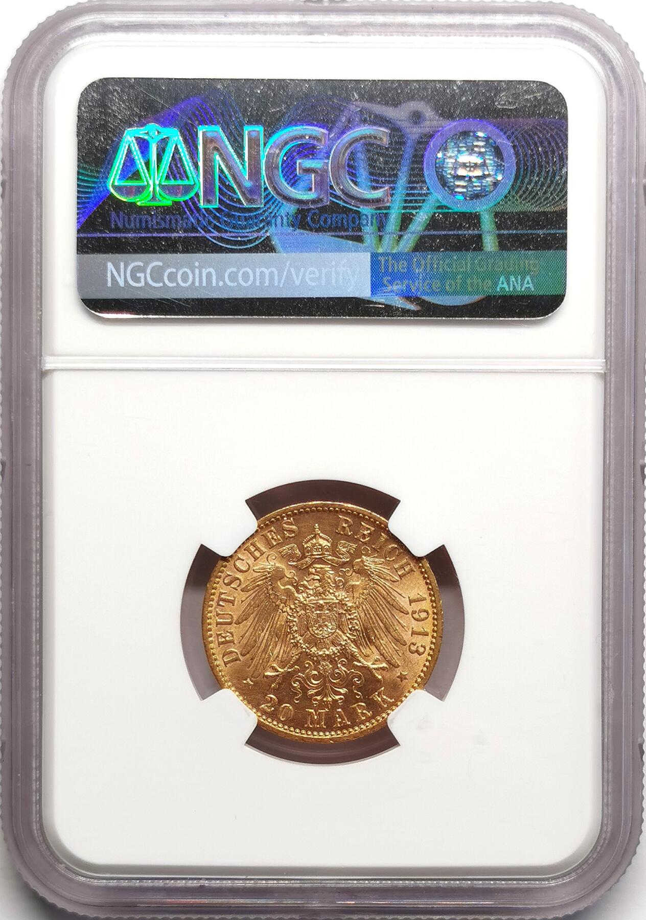 凡希社世界钱币微拍第二百七十五期 1913J德国汉堡20马克金币NGC-MS63，7.965g，900金。