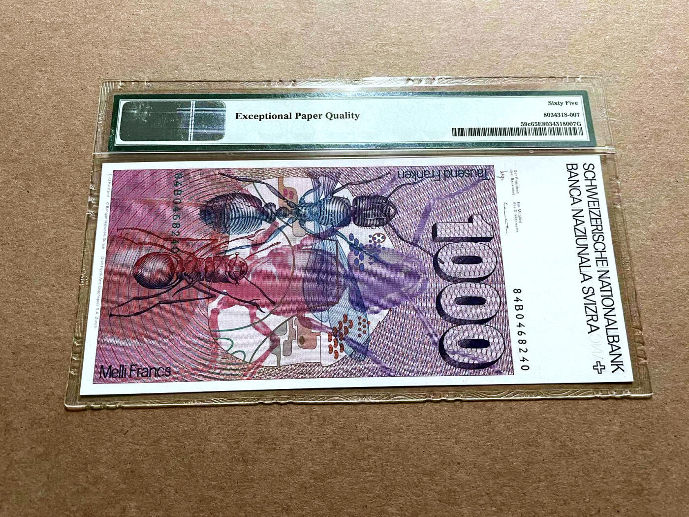 【Blue Auction】✨世界纸币精拍第500期盛典——白金之夜🔥🔥🔥 S-瑞士 1984年1000法郎 PMG65EPQ 经典大蚂蚁 瑞士精神病学家、昆虫学家福雷尔