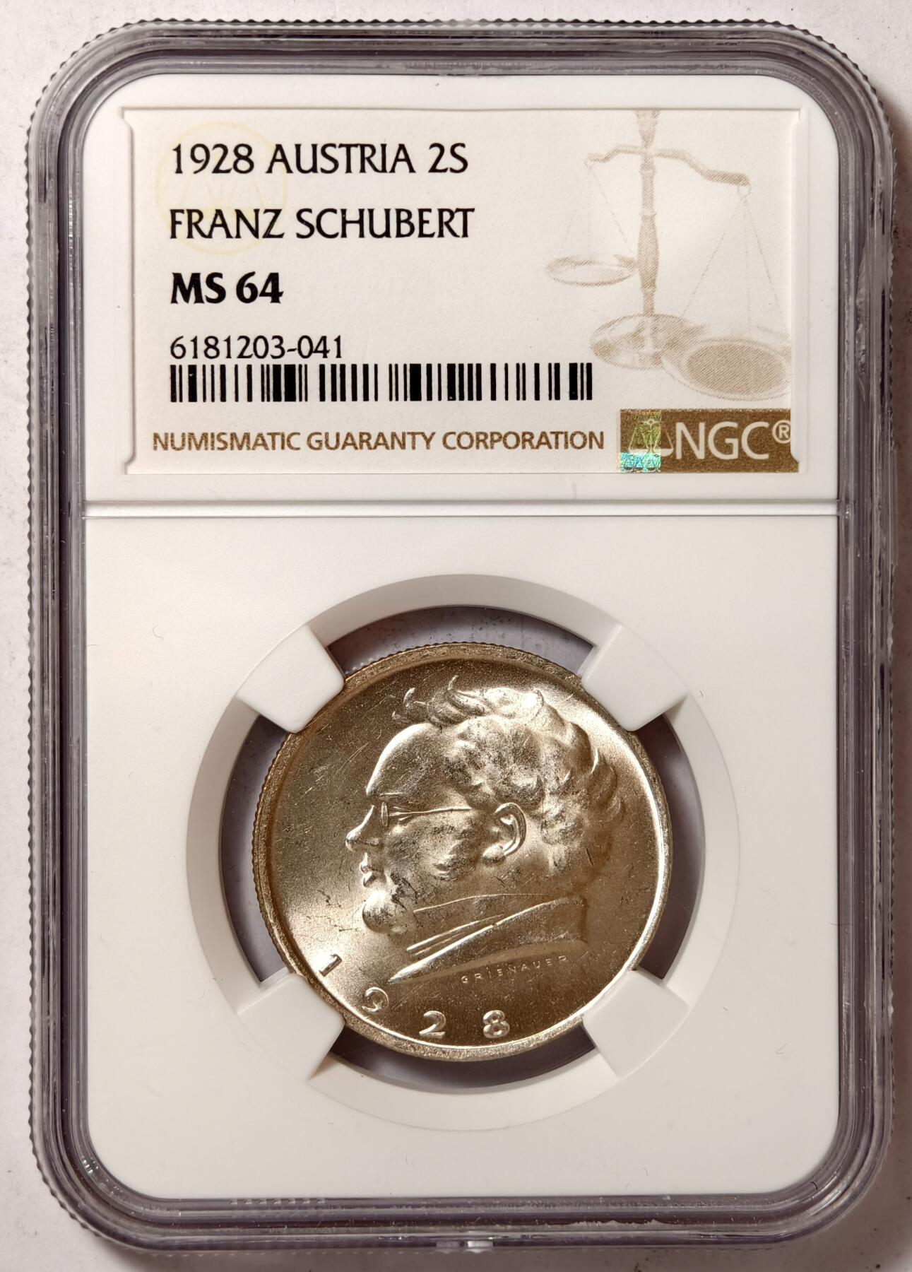 紫瑗钱币——第374期拍卖 奥地利 1928年 舒伯特 2先令 银币 NGC MS64