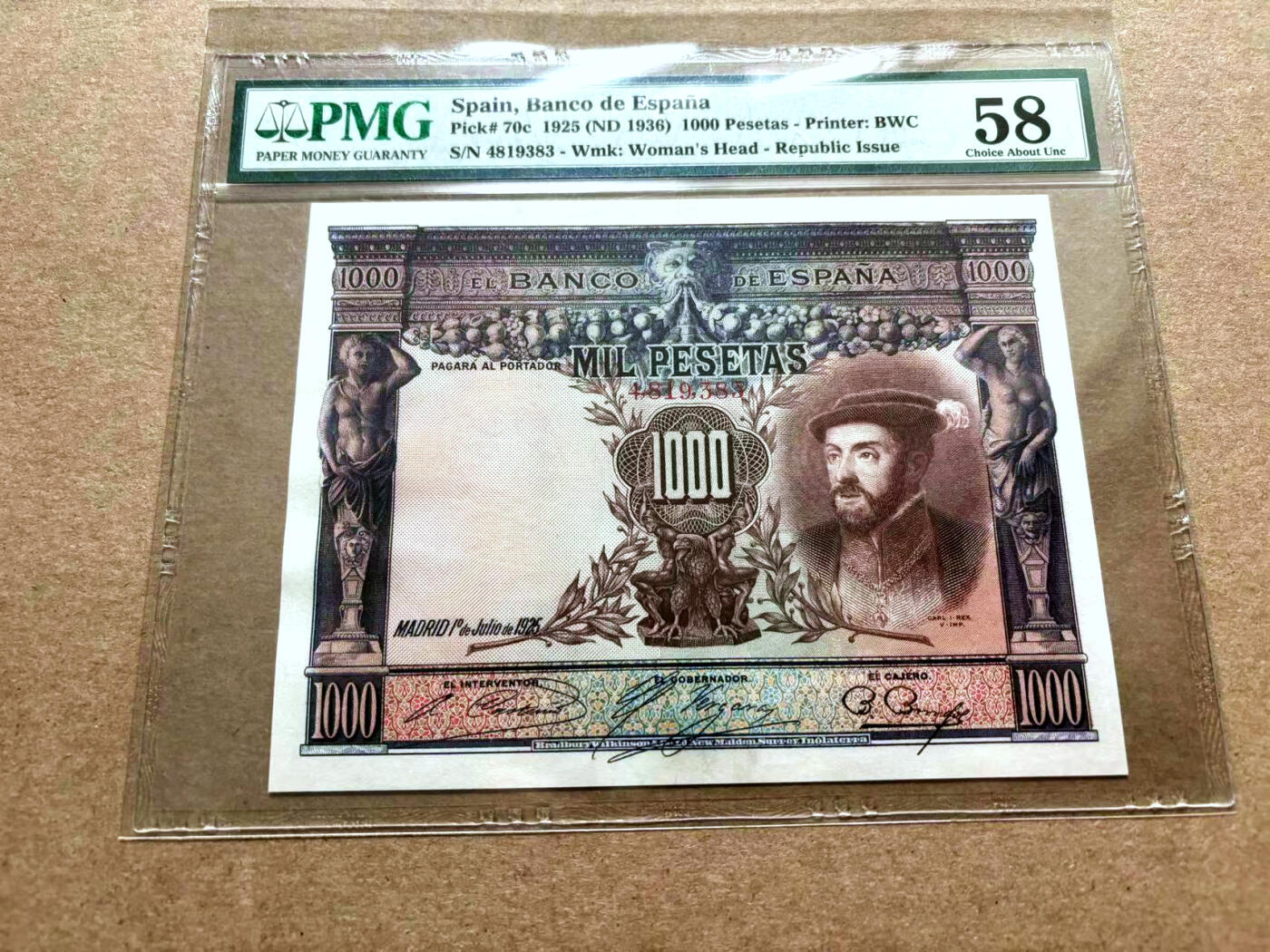 【Blue Auction】✨世界纸币精拍第500期盛典——白金之夜🔥🔥🔥 S-西班牙 1925年 1000比塞塔 PMG58 大方块 少见高分 BWC出品   