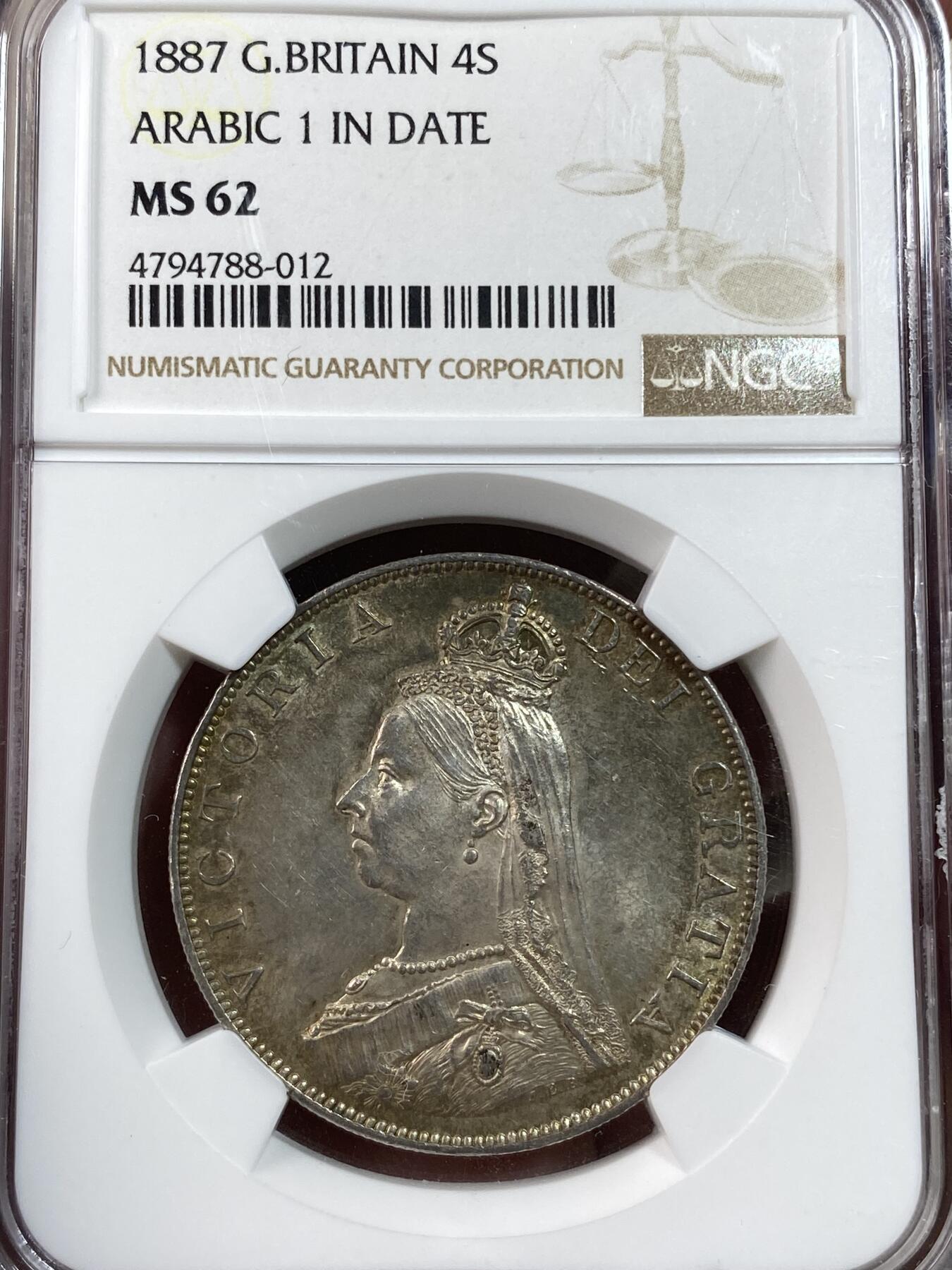 万国钱币拍卖第028期（花前月下●同享良章美币） NGC MS62 1887年英国维多利亚女皇高冠4先令大银币 英系五彩包浆