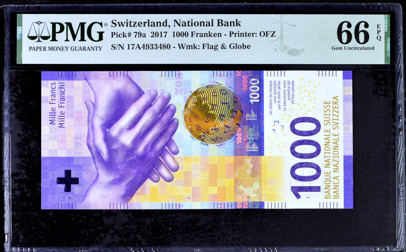 【Blue Auction】✨世界纸币精拍第500期盛典——白金之夜🔥🔥🔥 S-【A冠】瑞士 2017年1000法郎 手版 PMG66EPQ 
