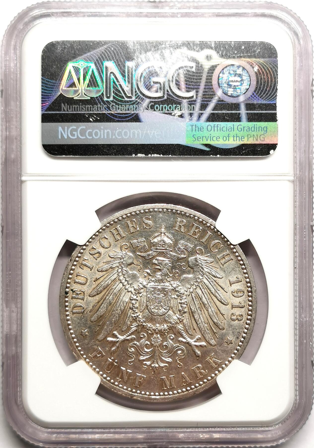 凡希社世界钱币微拍第二百七十五期 1913J德国汉堡5马克大银NGC-MS63