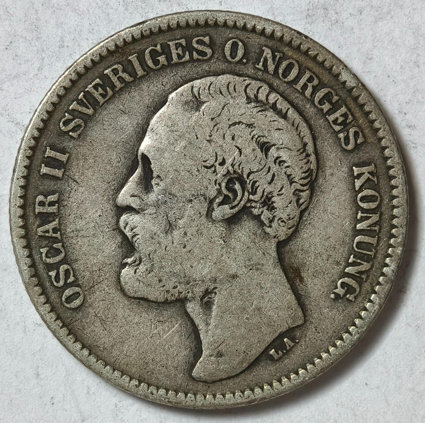 紫瑗钱币——第374期拍卖 瑞典 1876年 奥斯卡二世 2克朗 15克 0.8银