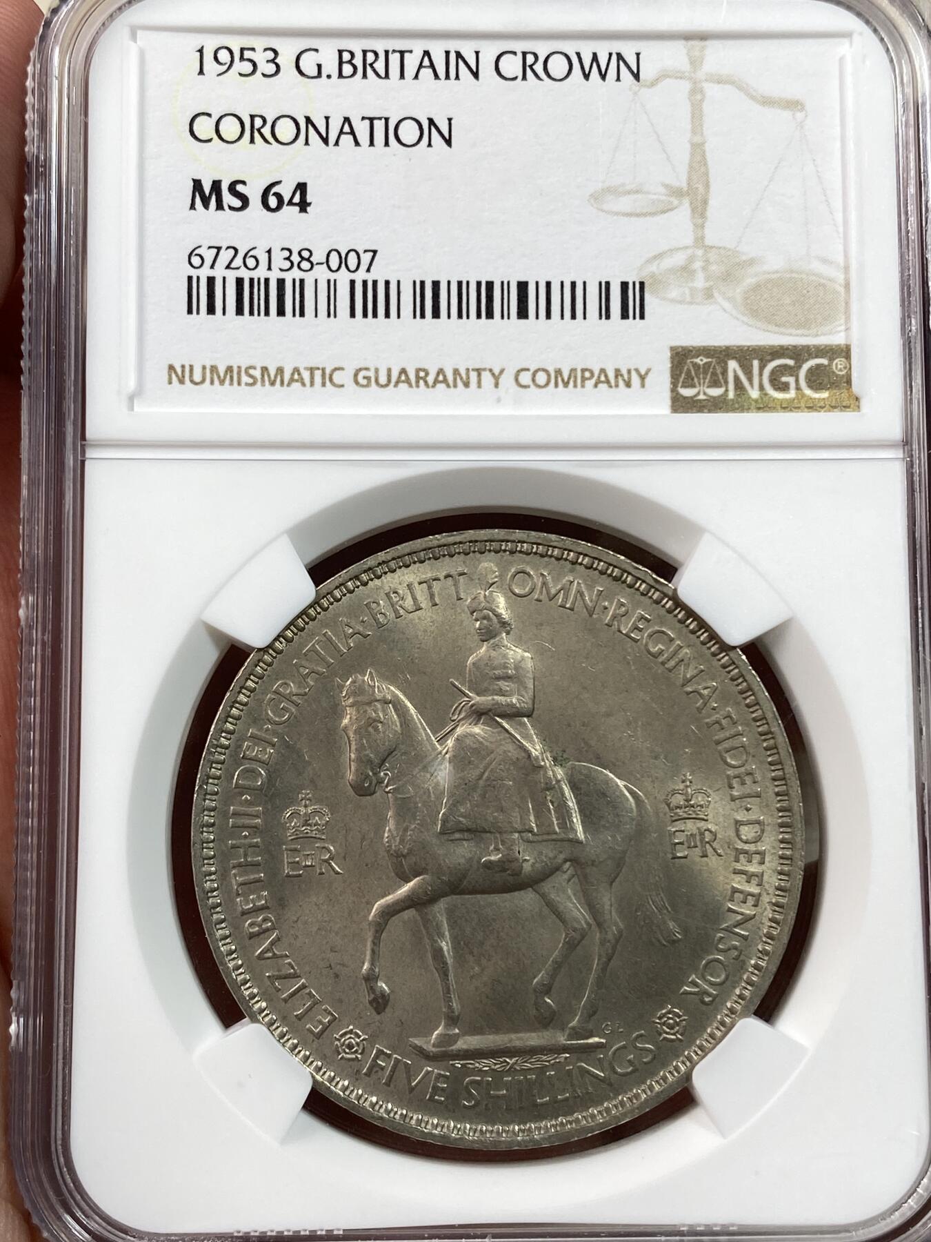 万国钱币拍卖第028期（花前月下●同享良章美币） NGC MS64 1953年英国伊丽莎白二世加冕纪念1克朗 著名的英系加冕系列