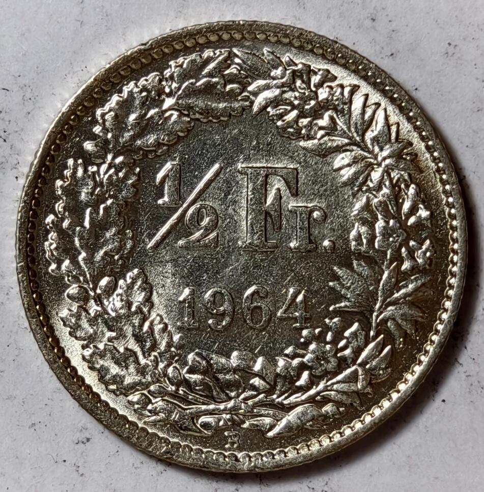 紫瑗钱币——第374期拍卖 瑞士 1964年 B版 赫尔维蒂女神 1/2法郎 2.5克 0.835银 UNC