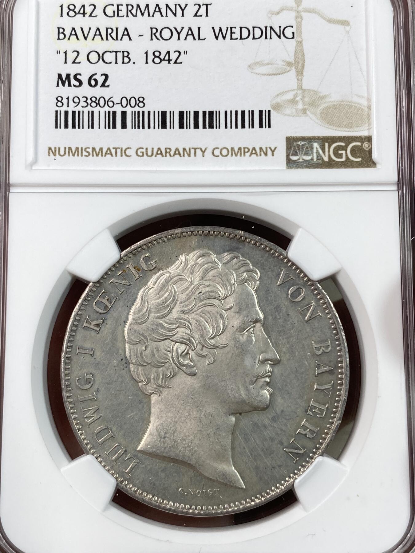 万国钱币拍卖第028期（花前月下●同享良章美币） NGC MS62 1842年德国巴伐利亚路德维希一世皇太子大婚纪念流通2泰勒 经典名誉历史泰勒系列