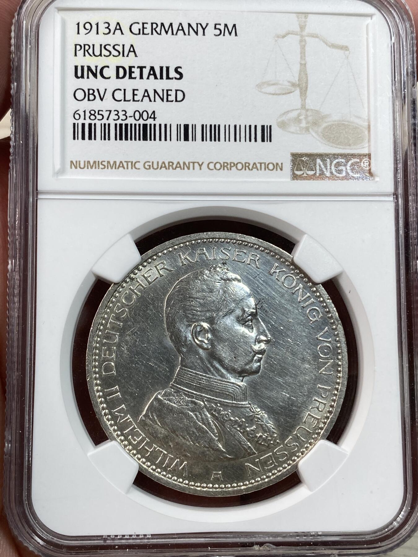 万国钱币拍卖第028期（花前月下●同享良章美币） NGC UNCD 1913年德国威廉二世军装5马克