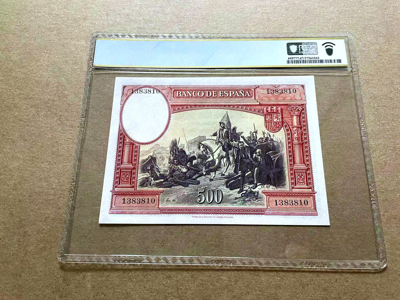 【Blue Auction】✨世界纸币精拍第500期盛典——白金之夜🔥🔥🔥 S-【冠军分 无47】西班牙 1935年 500比塞塔 PCGS67EPQ 高分 科尔特斯 经典大方块 雕刻非常细腻大气 值得珍藏 背面描述科尔特斯到达墨西哥后烧毁了他的船只，以说服他的部下们，没有回头路的场景。最终科尔特斯以破釜沉舟之势，以600人征服250万印第安人，塑造了西班牙征服者的传奇人生。