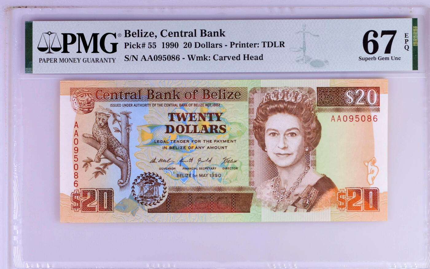 【Blue Auction】✨世界纸币精拍第500期盛典——白金之夜🔥🔥🔥 B-【仅1张更高分 AA冠无47】伯利兹 1990年20元 女王 PMG67EPQ 高分 特有珍稀动物