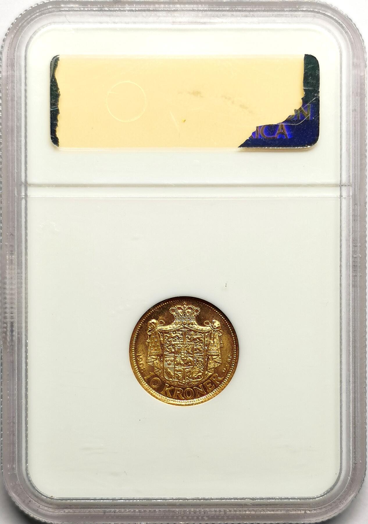 凡希社世界钱币微拍第二百七十五期 1908丹麦10克朗金币NGC-MS65高分收藏级！4.48g，900金。
