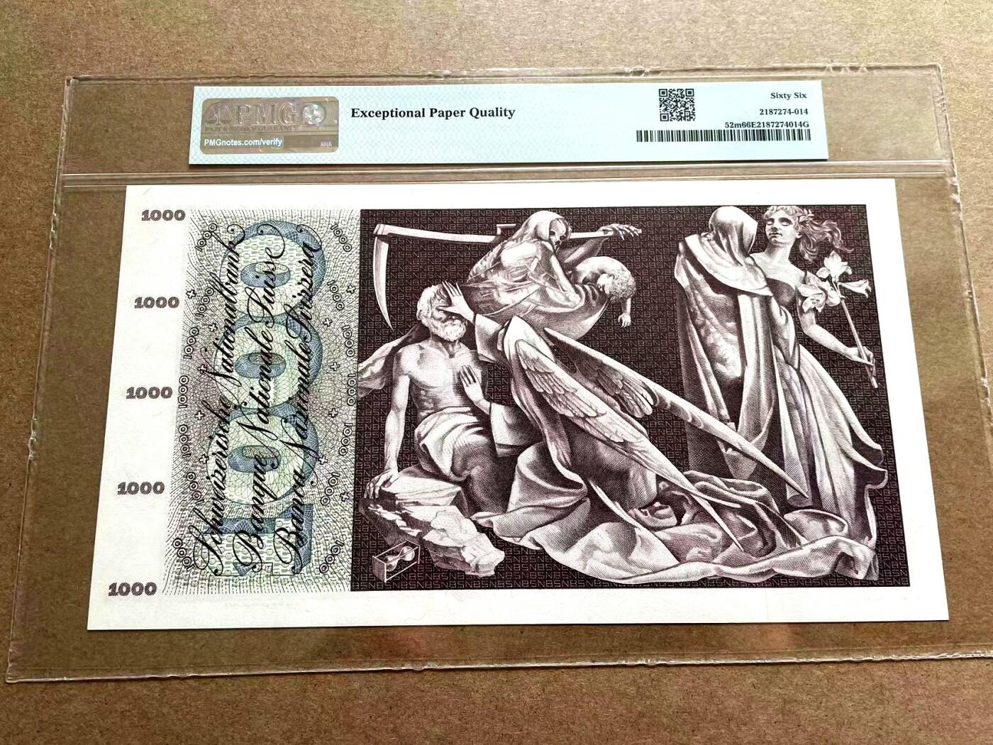 【Blue Auction】✨世界纸币精拍第500期盛典——白金之夜🔥🔥🔥  S-【冠军分】瑞士 1974年1000法郎 PMG66EPQ 最高值 背面是寓言死神之舞 雕刻精美细腻 场景让人印象深刻 非常帅气 大多数该面值纸币几十年前就赎回了 巨大的票幅保存也不易