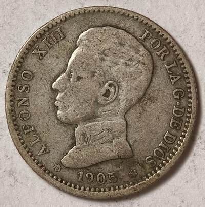 紫瑗钱币——第573期 - 西班牙 1905年 阿方索十三世 少年头 1比塞塔 5克 0.835银