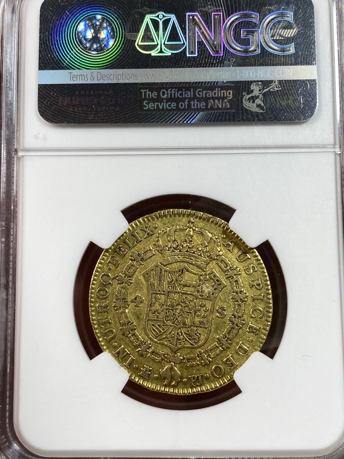 万国钱币拍卖第028期（花前月下●同享良章美币） NGC VF35 1781/79年西班牙卡洛斯三世4埃斯库多金币 西班牙本土金货 13.5g