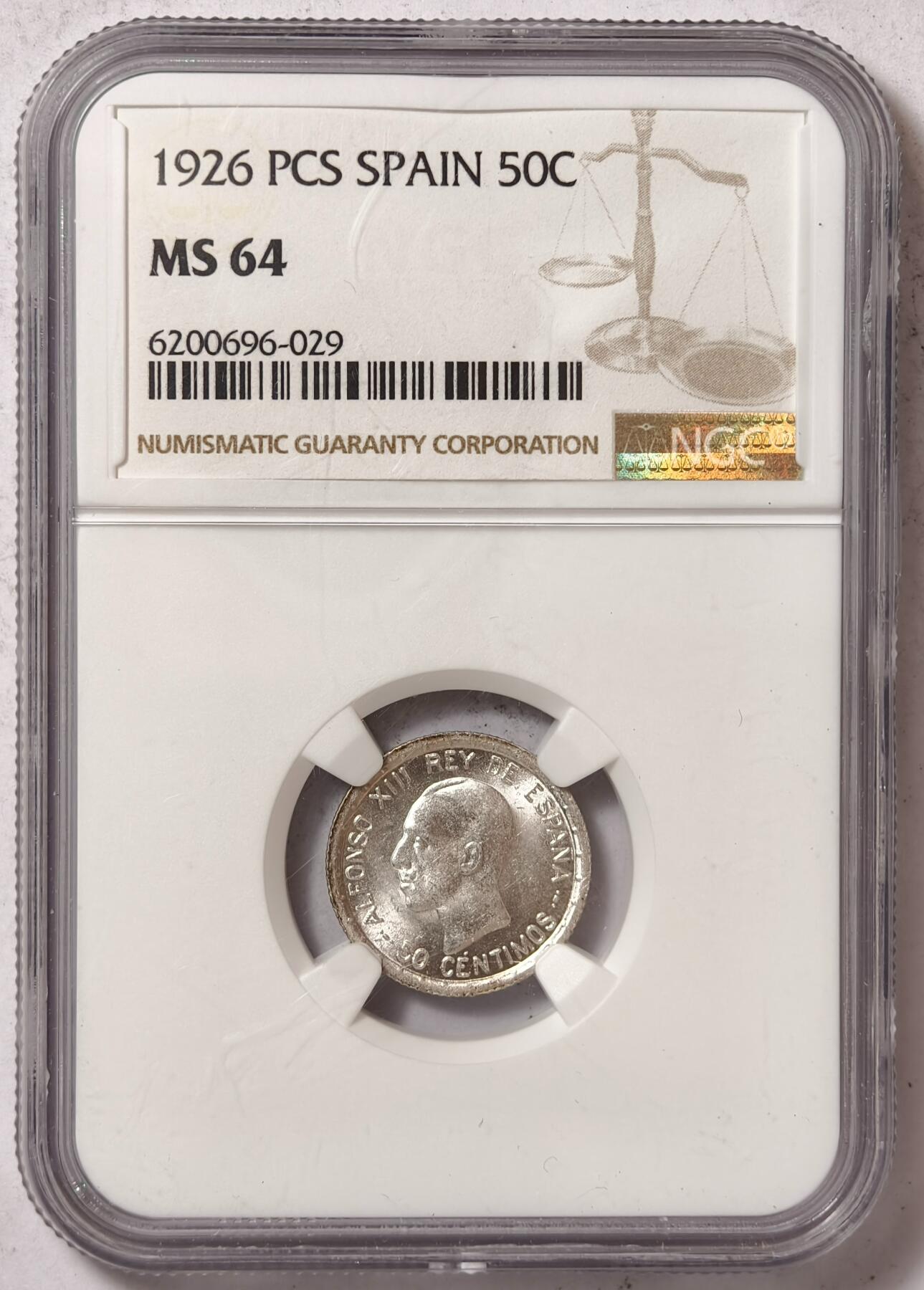 紫瑗钱币——第464期 西班牙 1926年 阿方索十三世 50分银币 NGC MS64