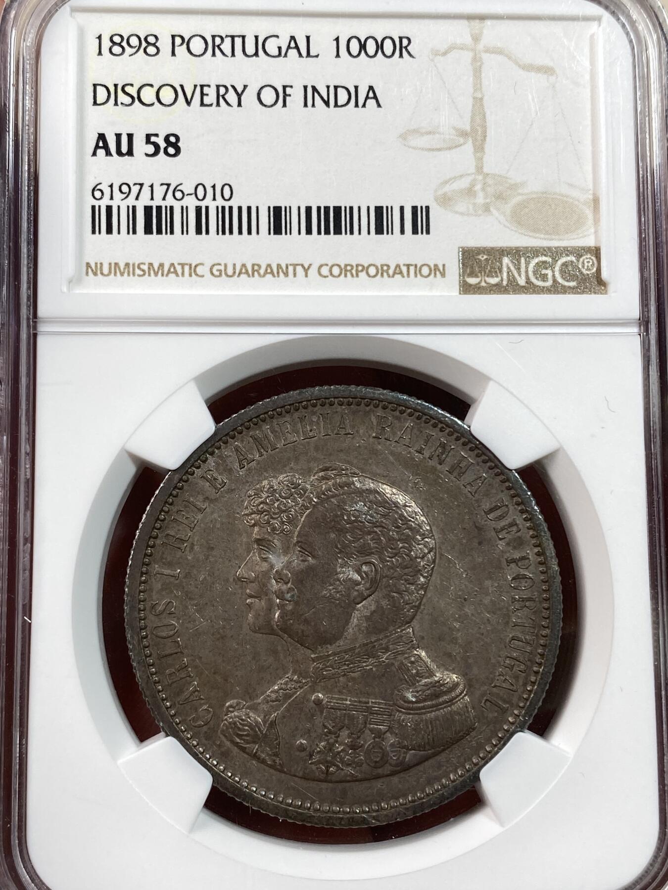 万国钱币拍卖第028期（花前月下●同享良章美币） NGC AU58 1898年葡萄牙卡洛斯一世流通纪念发现印度1000瑞尔 酱彩原味状态