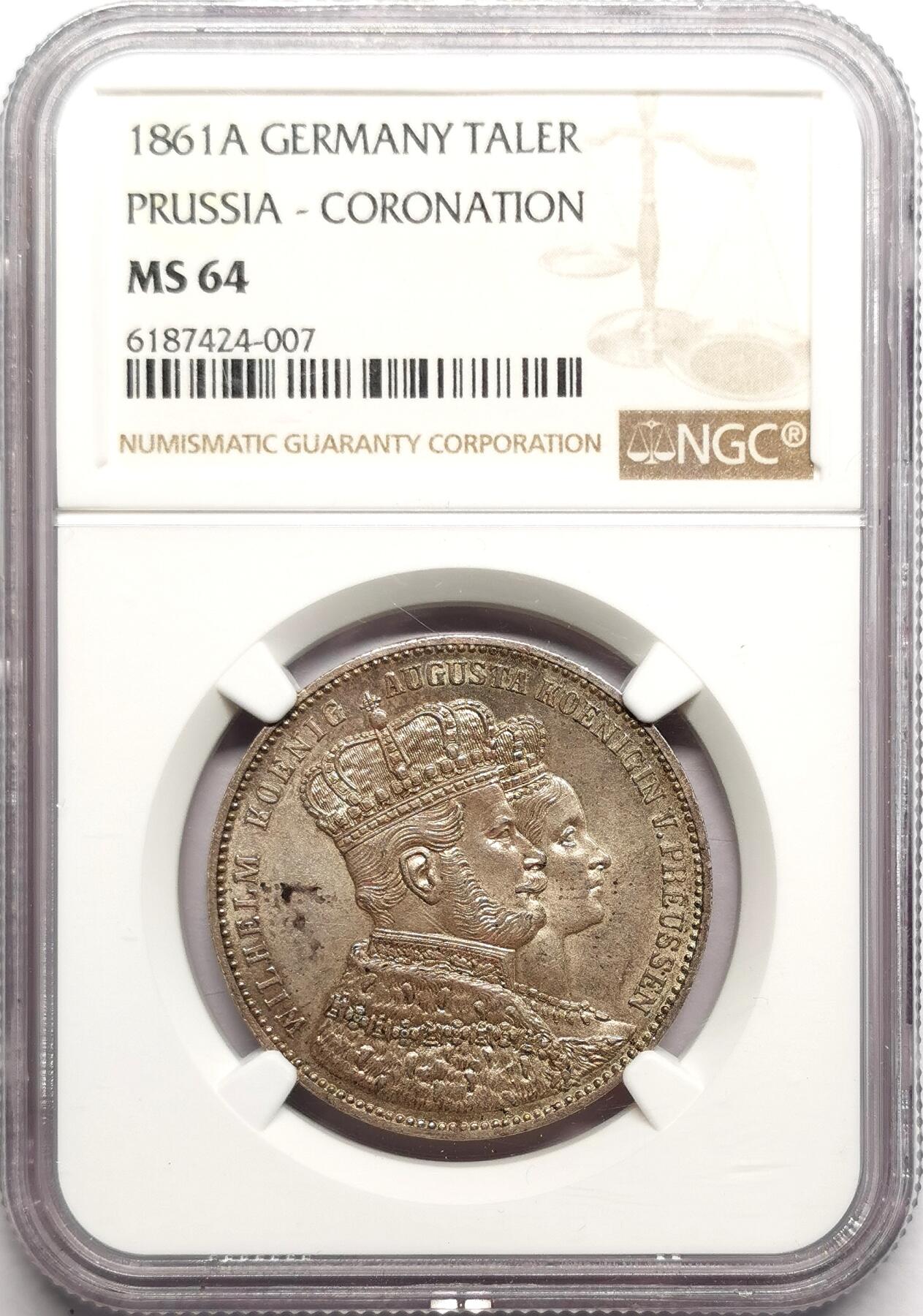 凡希社世界钱币微拍第二百七十五期 1861德国普鲁士加冕纪念泰勒NGC-MS64
