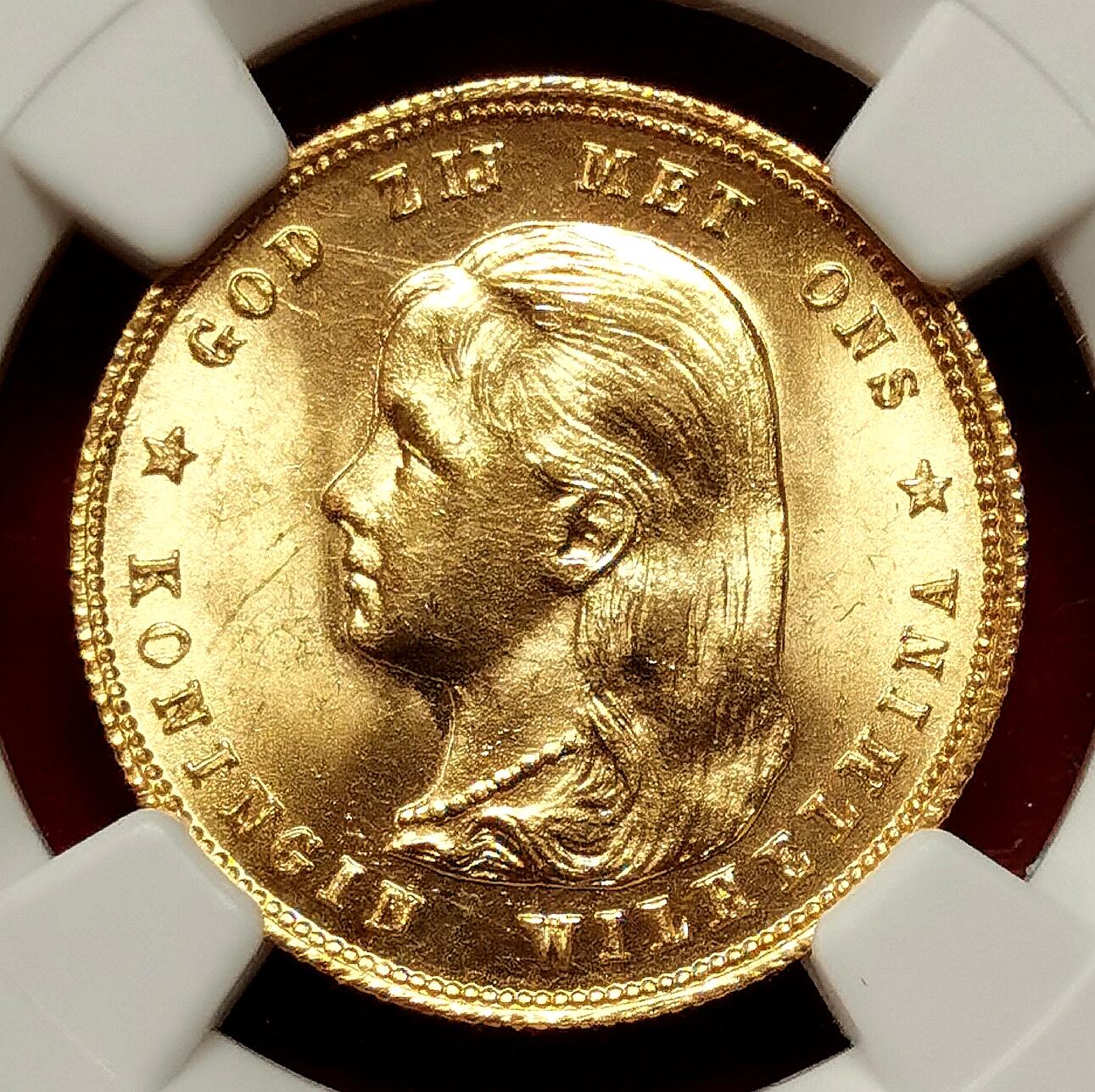 凡希社世界钱币微拍第二百七十五期 1897荷兰威廉敏娜学生头像10盾金币NGC-MS64，热门广受欢迎的品种！6.73g，900金