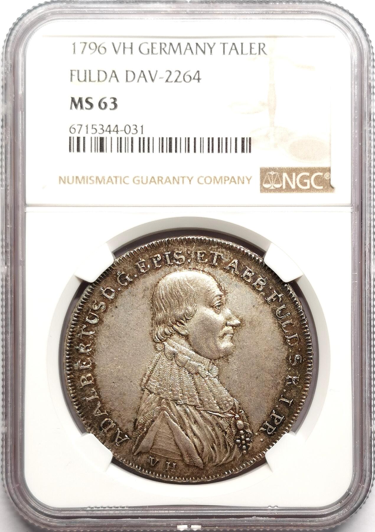 凡希社世界钱币微拍第二百七十五期 荐！1796德国富尔达主教区阿德尔伯特三世捐献泰勒NGC-MS63，典雅欧陆铁灰包浆，稀见两年型，N亚军分！