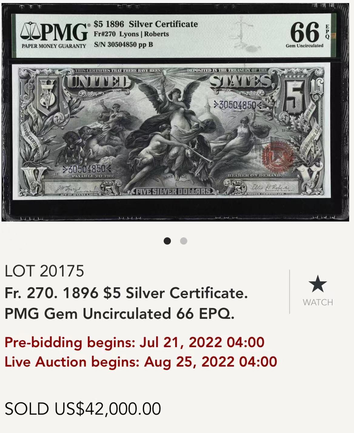 【Blue Auction】✨世界纸币精拍第500期盛典——白金之夜🔥🔥🔥 U-【亚军分 首签】美国 1896年5美金 教育券 PMG66EPQ  老美金玩家必收的进阶标志性品种 拍卖价格不断攀升 由美国雕刻大师W. Shirlaw设计的，主题被称为“呈现给世界的电和光明”。在人物肖像选择方面，背面选用两位在美国南北战争中取得巨大成就的人物肖像作为钞票上的主角。左侧的是联邦军总司令尤利西斯·格兰特，右侧为菲利普·谢里登，雕刻非常细腻。 